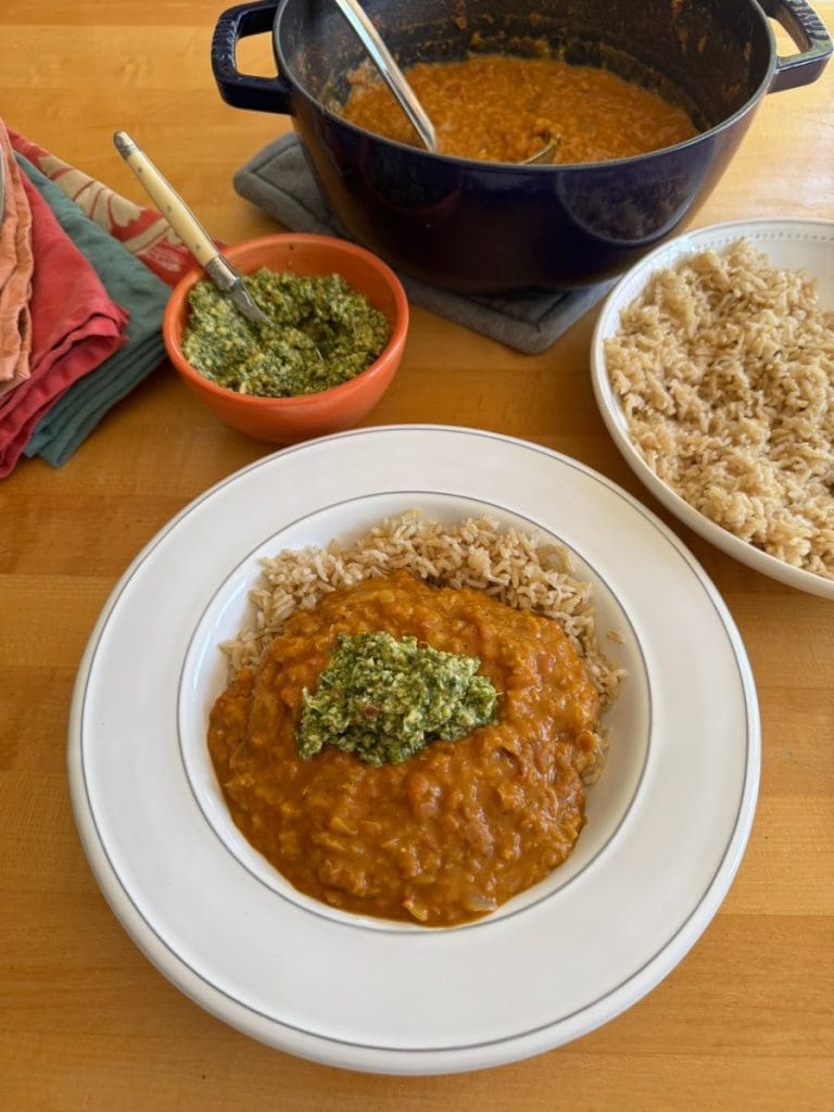 Coconut Curry with Red Lentils in a white bowl